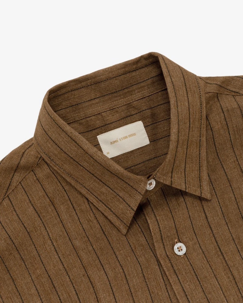 Brown Aime Leon Dore Long-Sleeve Linen Unisex Shirts | IWJYF7935