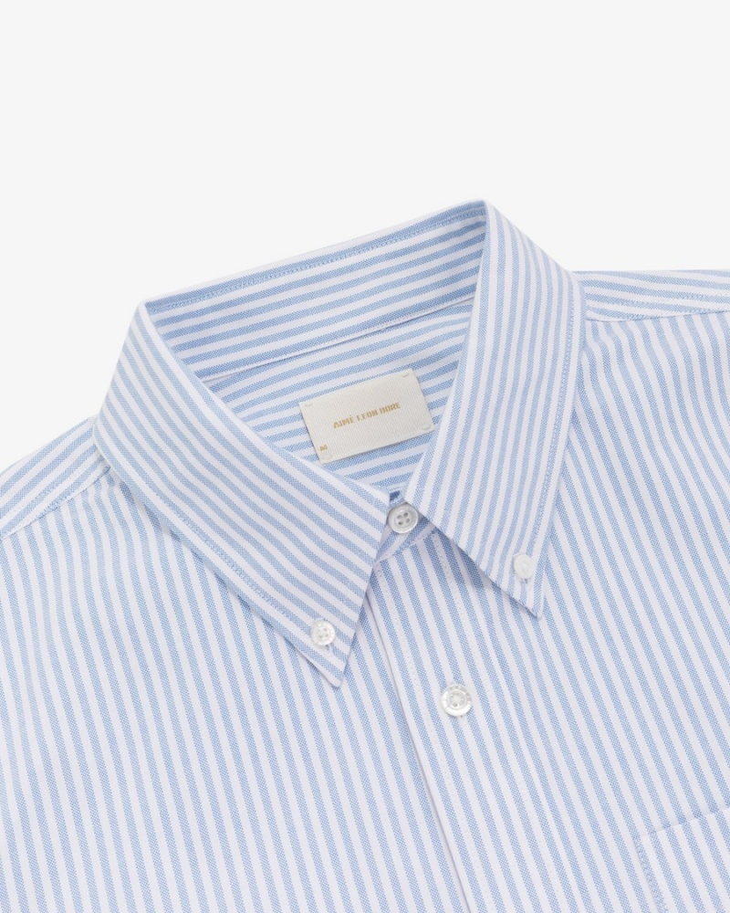 White Blue Aime Leon Dore Crest-Sleeve Oxford Men's Shirts | XWOKE9723